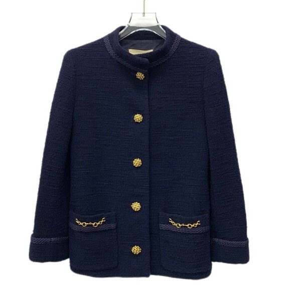 CW0684 Gucci Navy Blue Tweed Jacket With Gold Buttons & Chain Pocket Detail - Picture 1 of 8